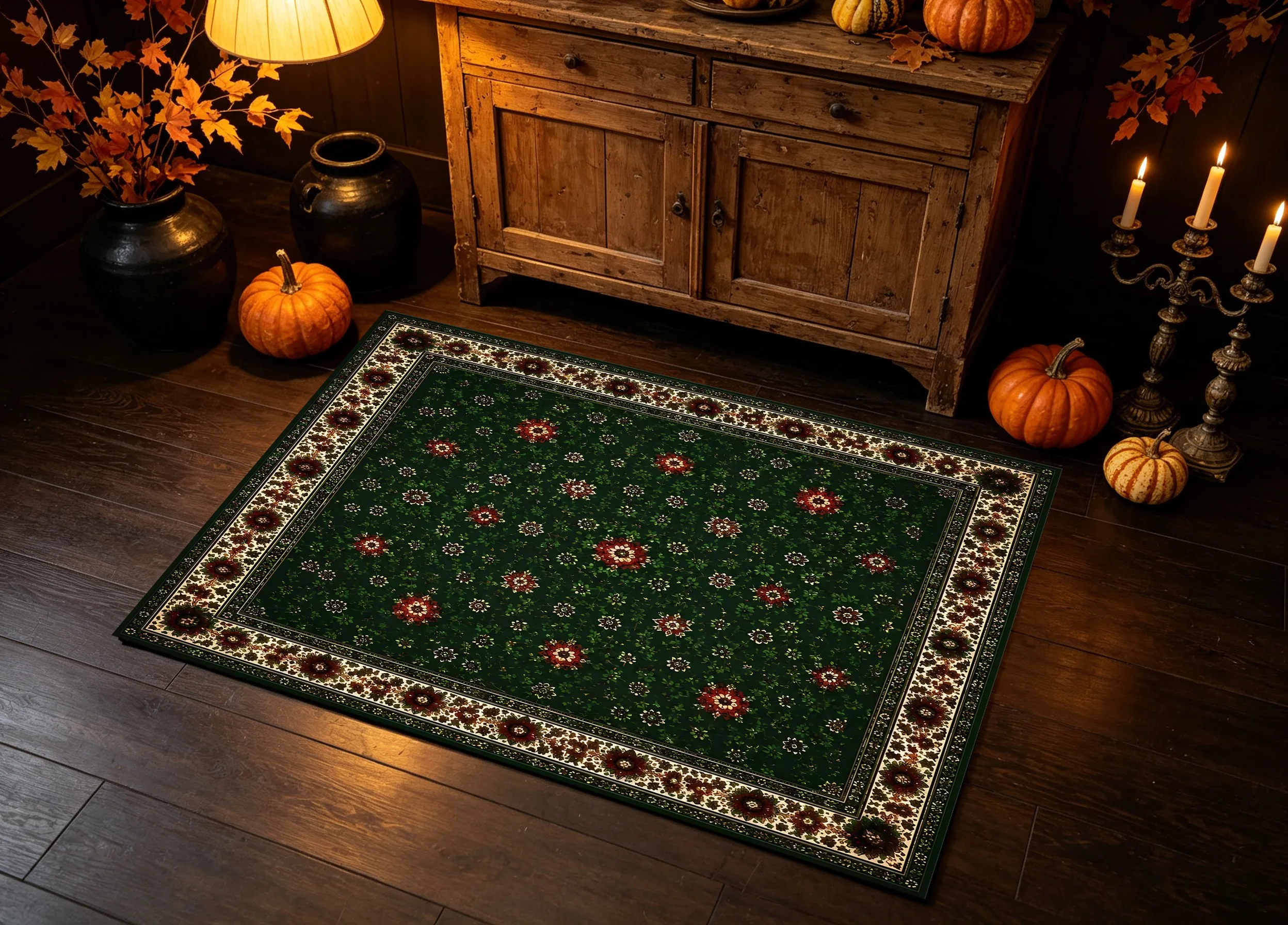 Dark Green Retro Floral Ethnic-Style Velvet Rug, American Retro Style, Suitable for Christmas and New Year, Living Room, Bedroom, Bedside, a Top Choice for Warm Autumn and Winter Soft Furnishings