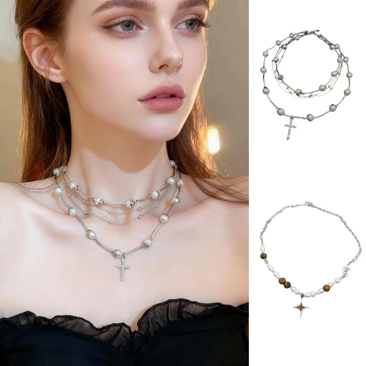 

Tiger's Eye Bead Cross-Style Imitation Pearl Necklace Sweet-Edgy Aesthetic, Niche Trend, Versatile Collar Chain Necklace Gift