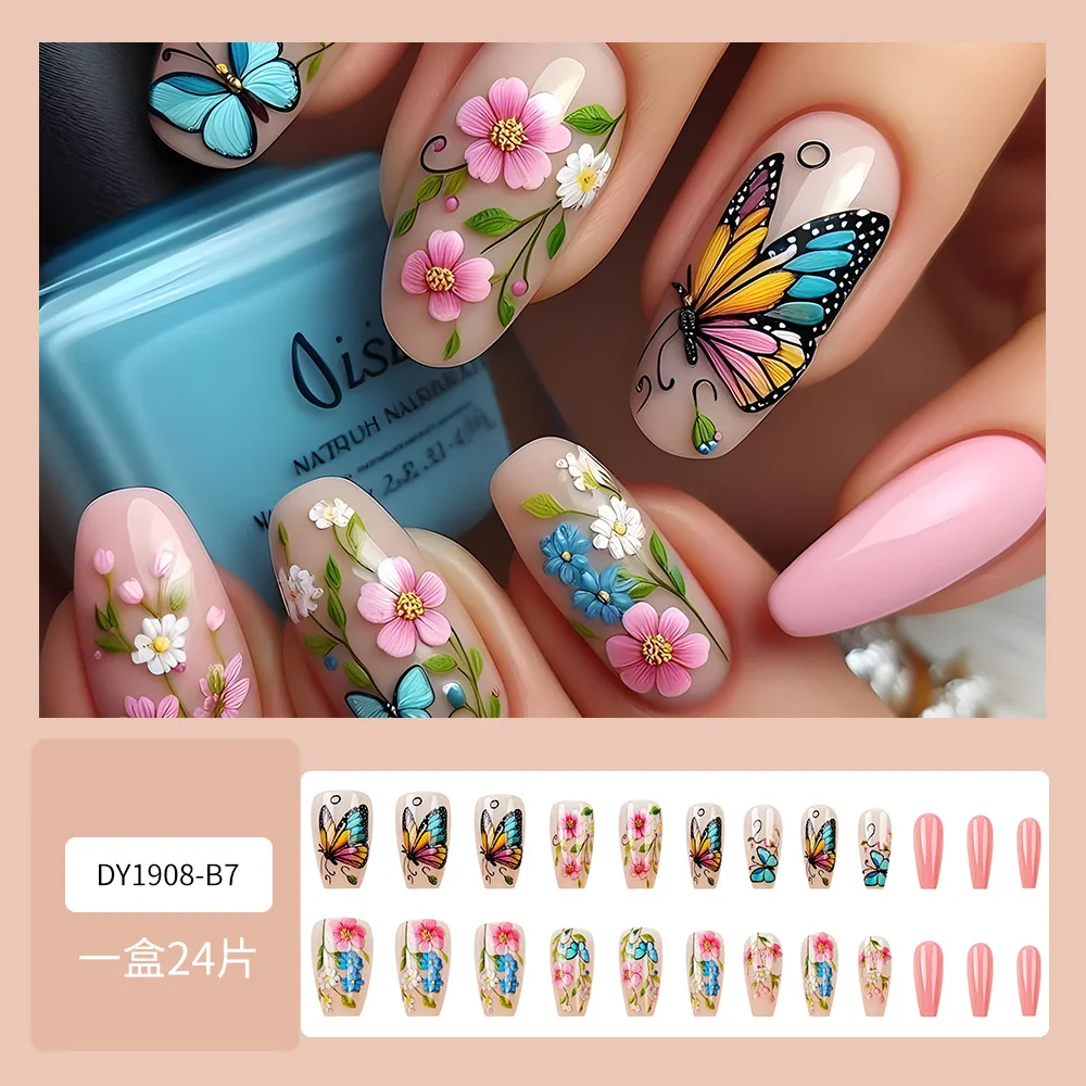 24 Uds uñas postizas para pegar listas flor de primavera puntas de uñas de mariposa arte de uñas Simple uñas cortas prensa acrílica en uñas adhesivas