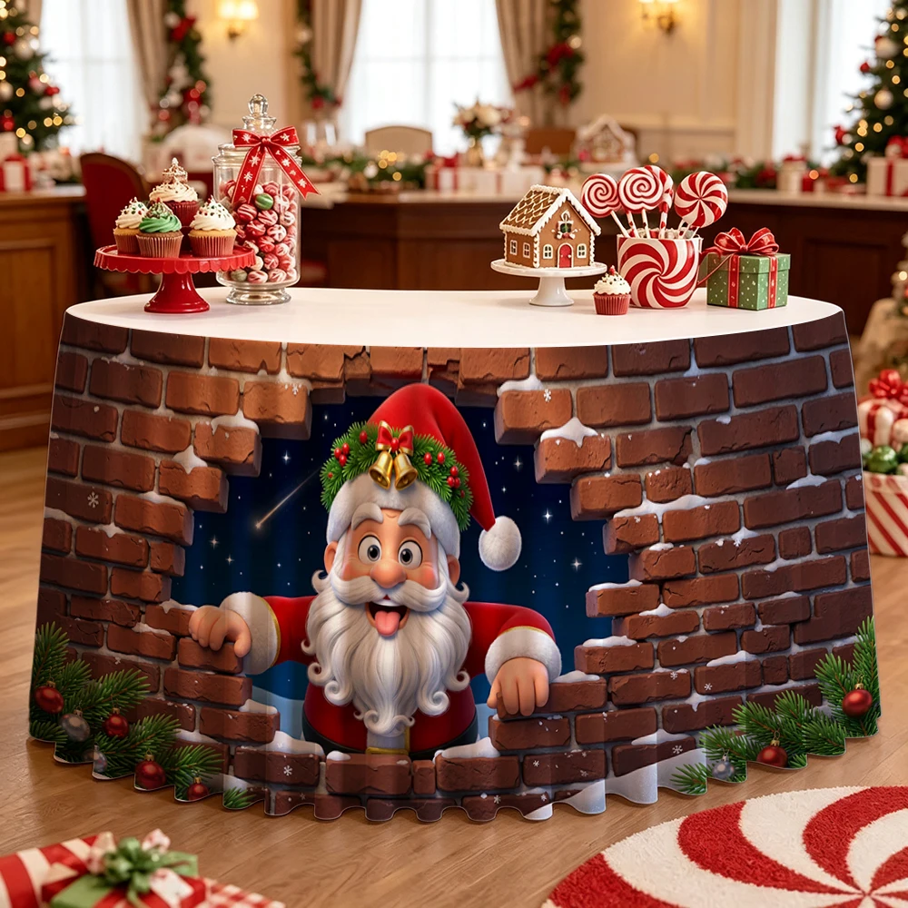 Christmas table skirt featuring Santa Claus breaking through the wall pattern, perfect table cover, elastic band