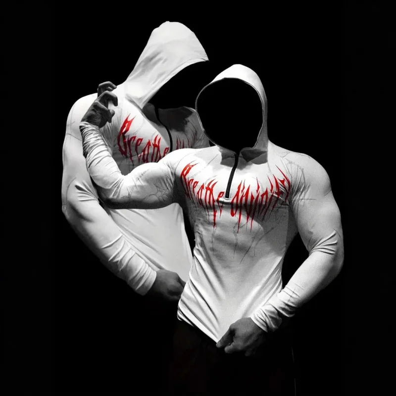 

Men'S European Size Sports Fitness Pullover Sweatshirt，Hooded Bodysuit Half-Zip Quick-Dry Stretchy Long-Sleeve Sweatshirt。