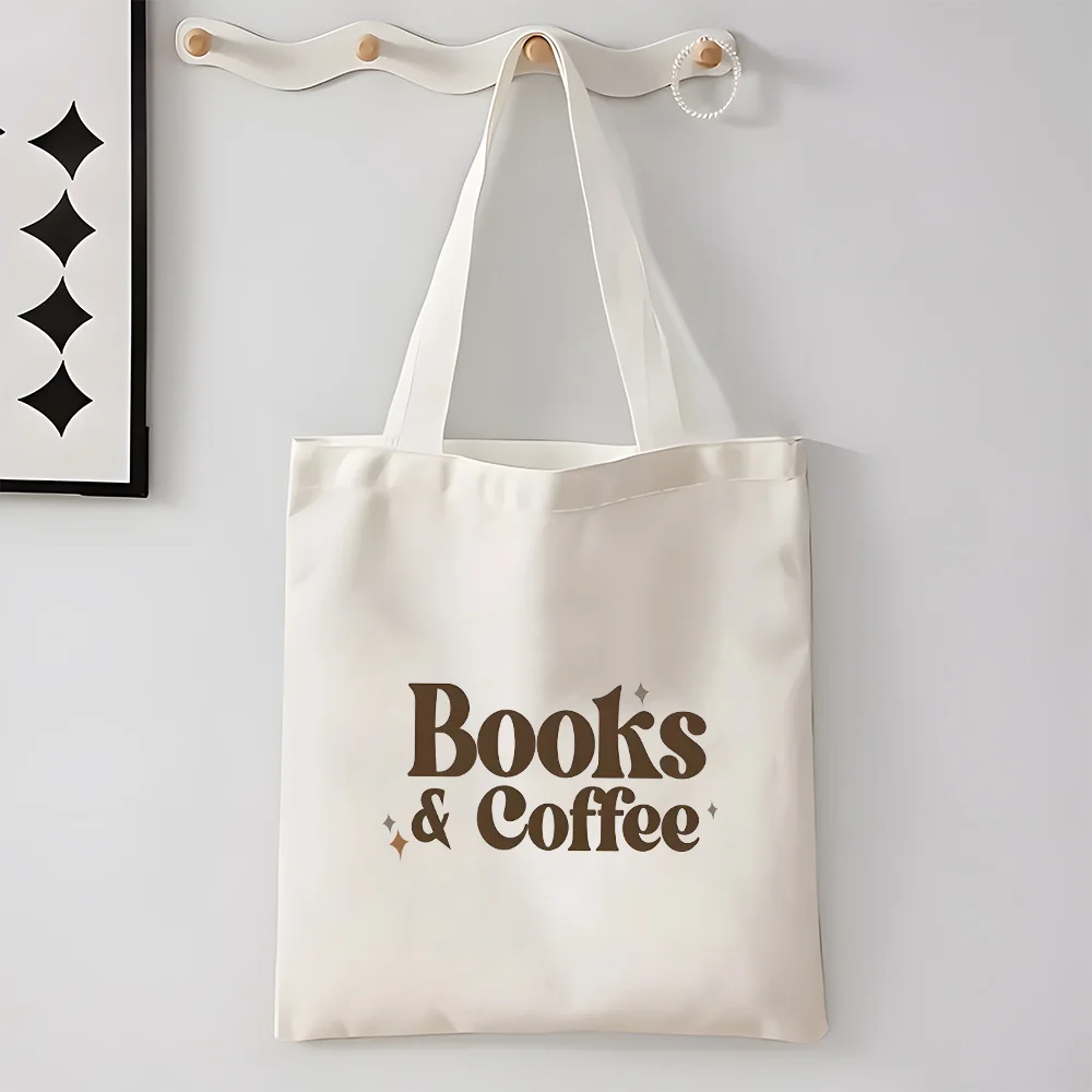 ABooks and Coffee Pattern Print Canvas Tote Bag, Suitable for Daily Use, Shopping, School, and Travel