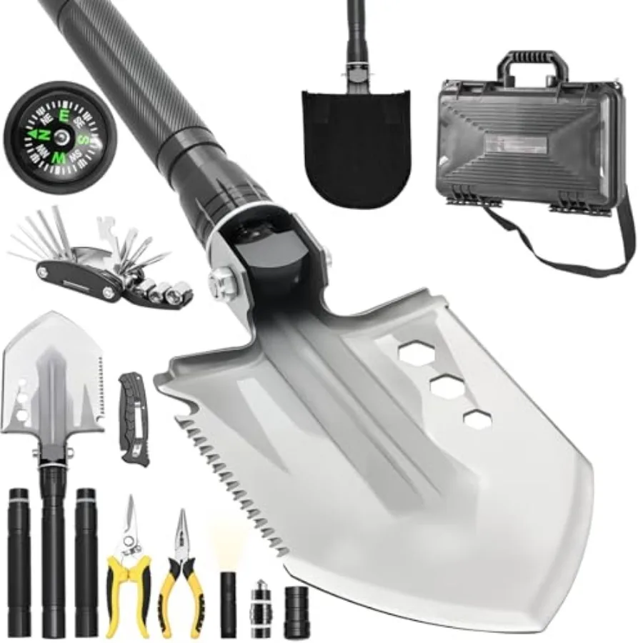 

Folding Camping Shovel Axe Kit Multifunctional Survival Shovel with Stainless Steel Pickaxe pliersCompass Locking scissors Magn