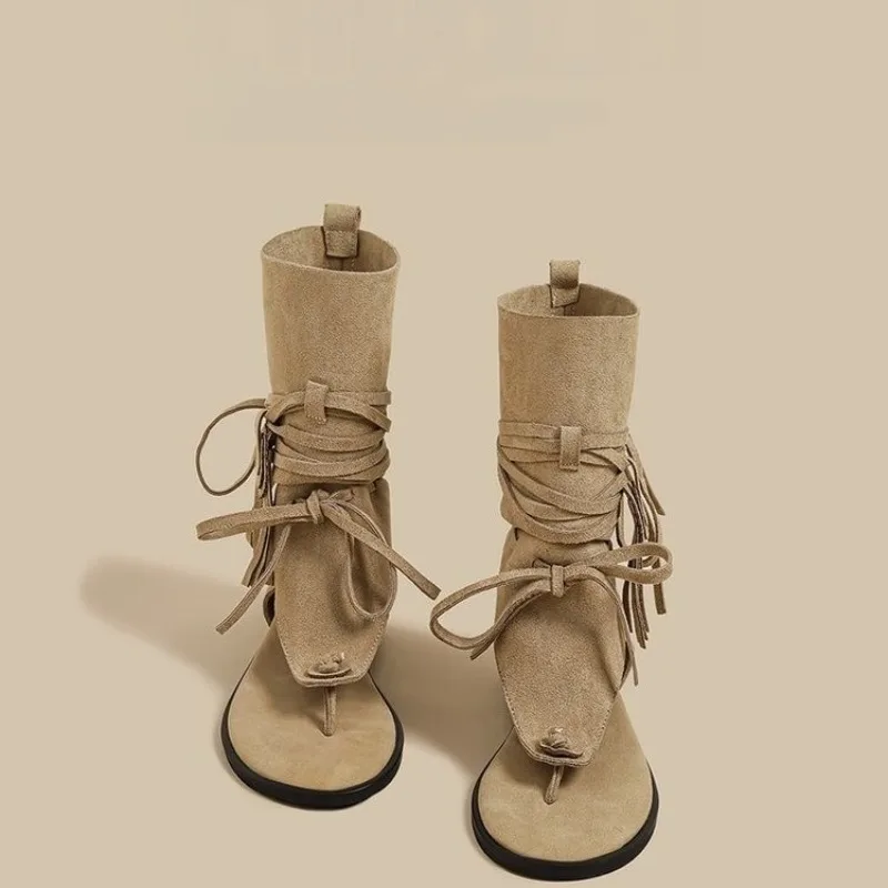 Lace-up Height-Increasing Bootie Pants Summer 2026New Layered Roman Strap Sandal Pleated Stacked Short Boots，Toe-closing Sandals