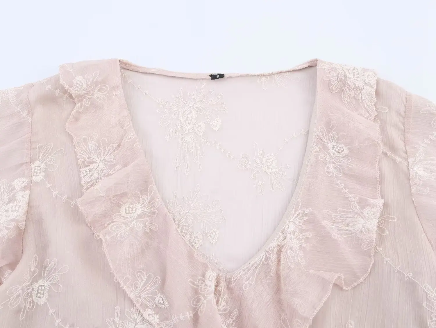 Maxdutti Minimalist Elegant Layered Embroidered Shirt Women Summer Blouse Tops French Chiffon V-neck Casual Short Sleeve Shirt