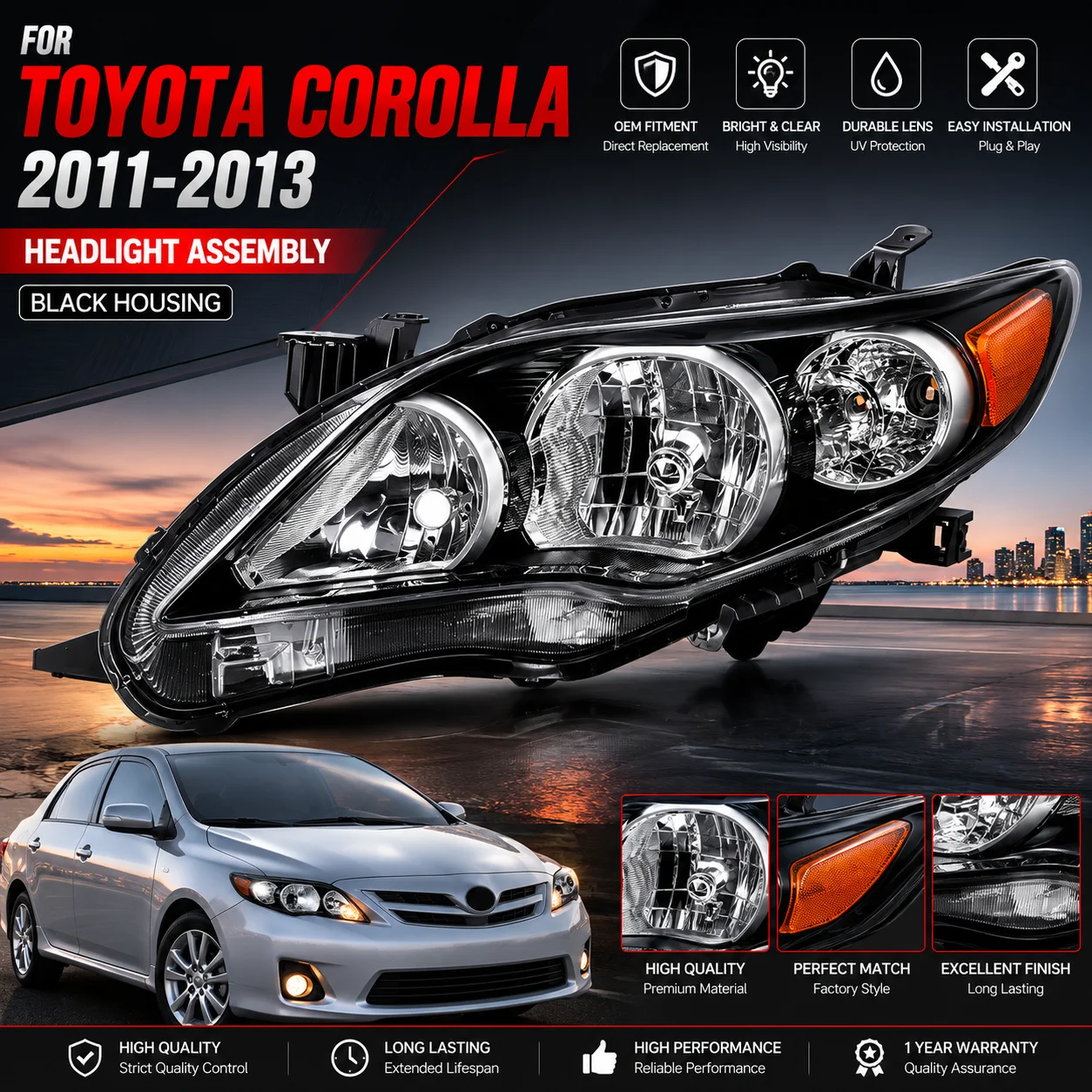 For Toyota Corolla 2011 2012 2013 Front Bumper Head Light Headlamp Driving Headlight Turn Signal Light Black Housing LE XLE