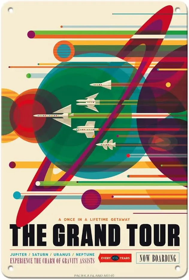 Pacifica Island Art Grand Tour - Jupiter Uranus Neptune - Exoplanet Travel Poster -  Vintage Metal Tin Sign