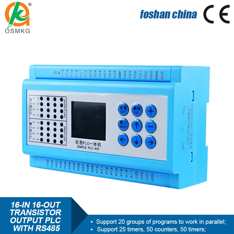 16 Input 16 Output Transistor Output Controller PLC con RS 485 modbus rtu per DC Motor HMI PLC