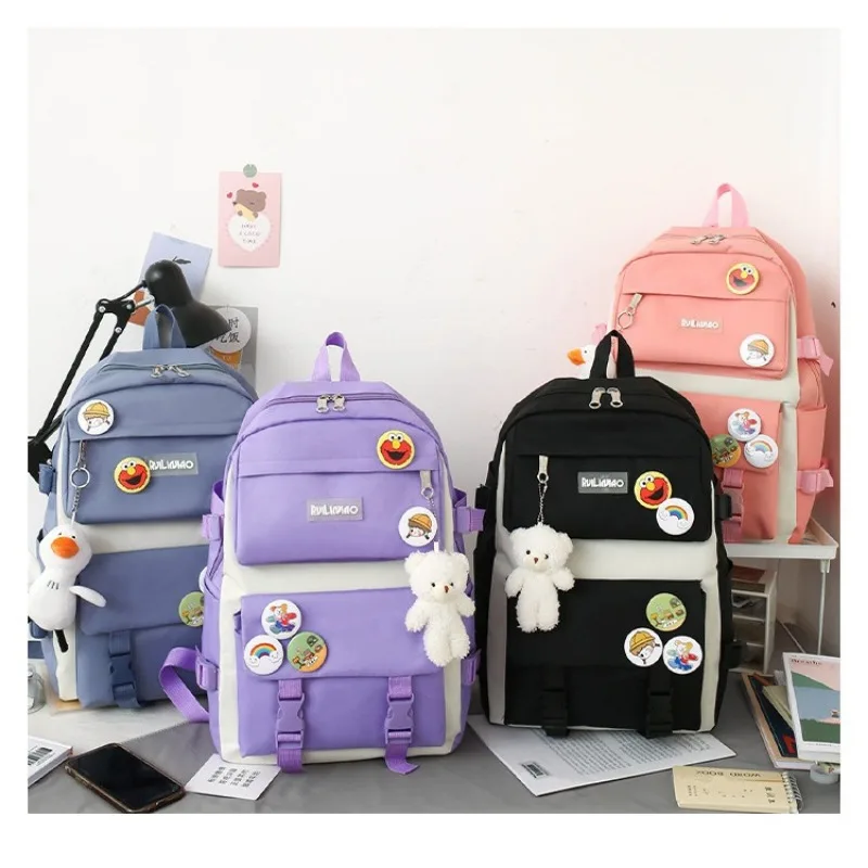 5 Piece Set Kawaii School Bag Suitable for Girls Canvas Solid Color Women Backpack Female Teenager Student Laptop Bag School Bag