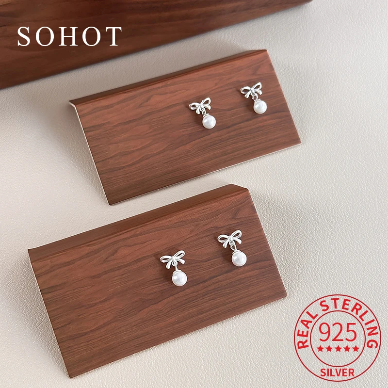 

Real 925 Sterling Silver Round Pearl Pendant Mini Bowknot Stud Earrings For Charm Women Cute Fine Jewelry Minimalist Accessories