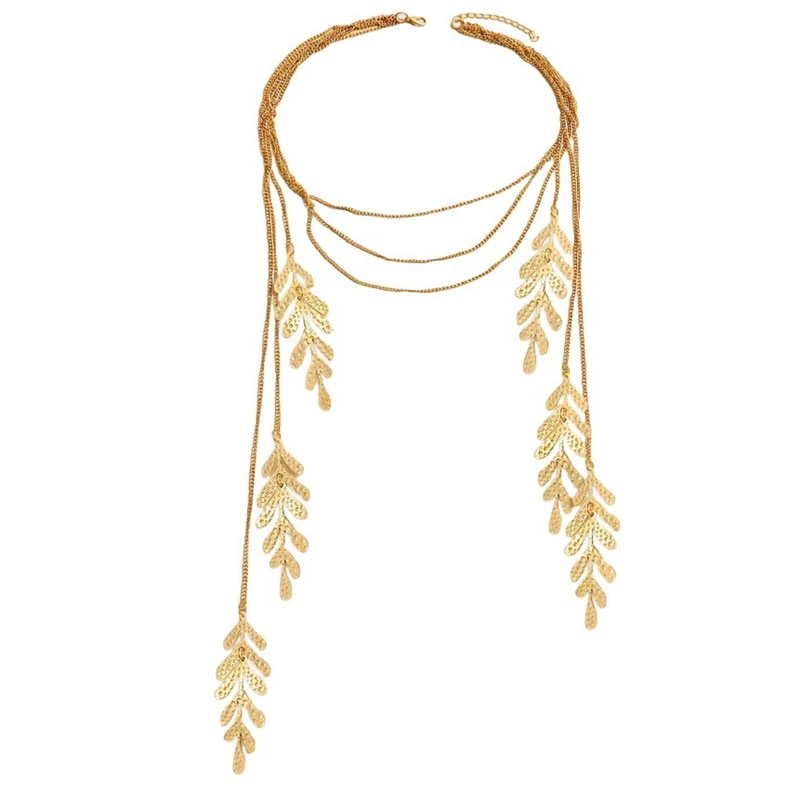 تصميم تحسس الذهب اللون أوراق معدنية طويلة شرابة قلادة للنساء خمر ليف المختنق الصدر سلسلة هدايا مجوهرات الزفاف الطرف