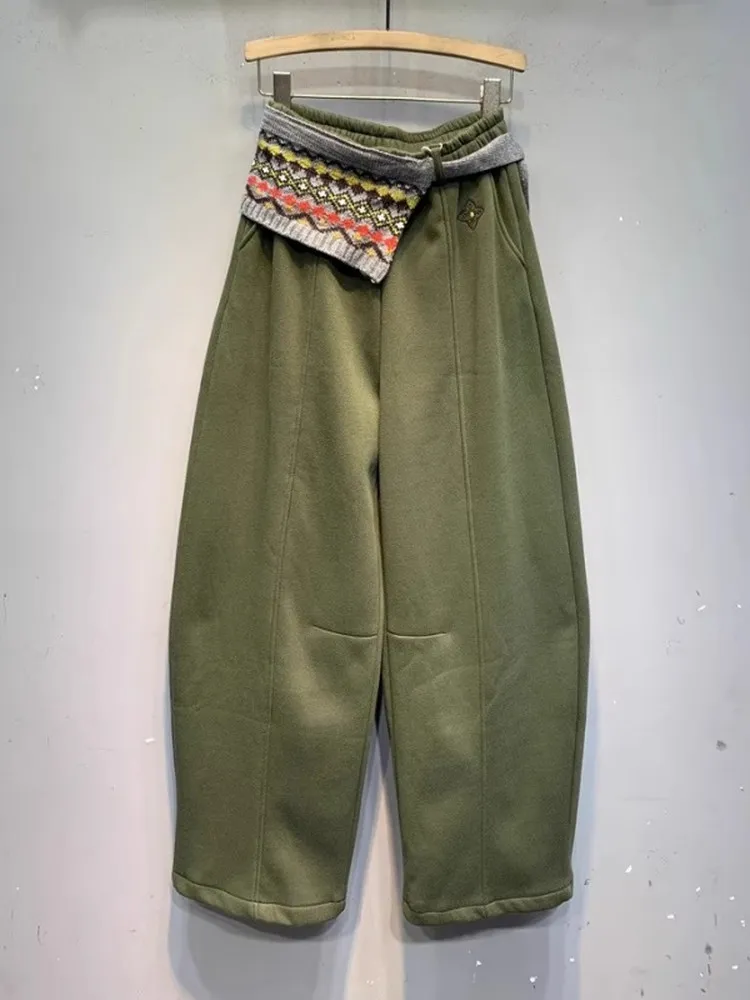 

Ретро-спортивные женские брюки-карго из утолщенного флиса в американском стиле, зеленые, удобные, для зимы