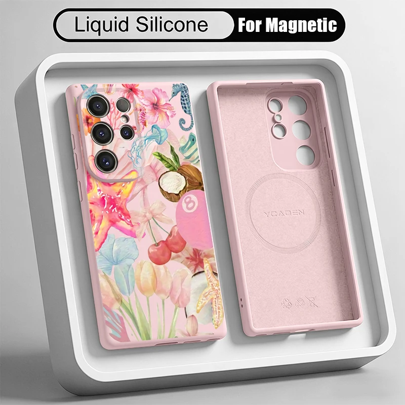 Cherry Coconut Pattern Liquid Silicone Magnetic Case For Samsung Galaxy S26 S25 S24 S23 S22 Ultra Plus For Magsafe Phone Cover