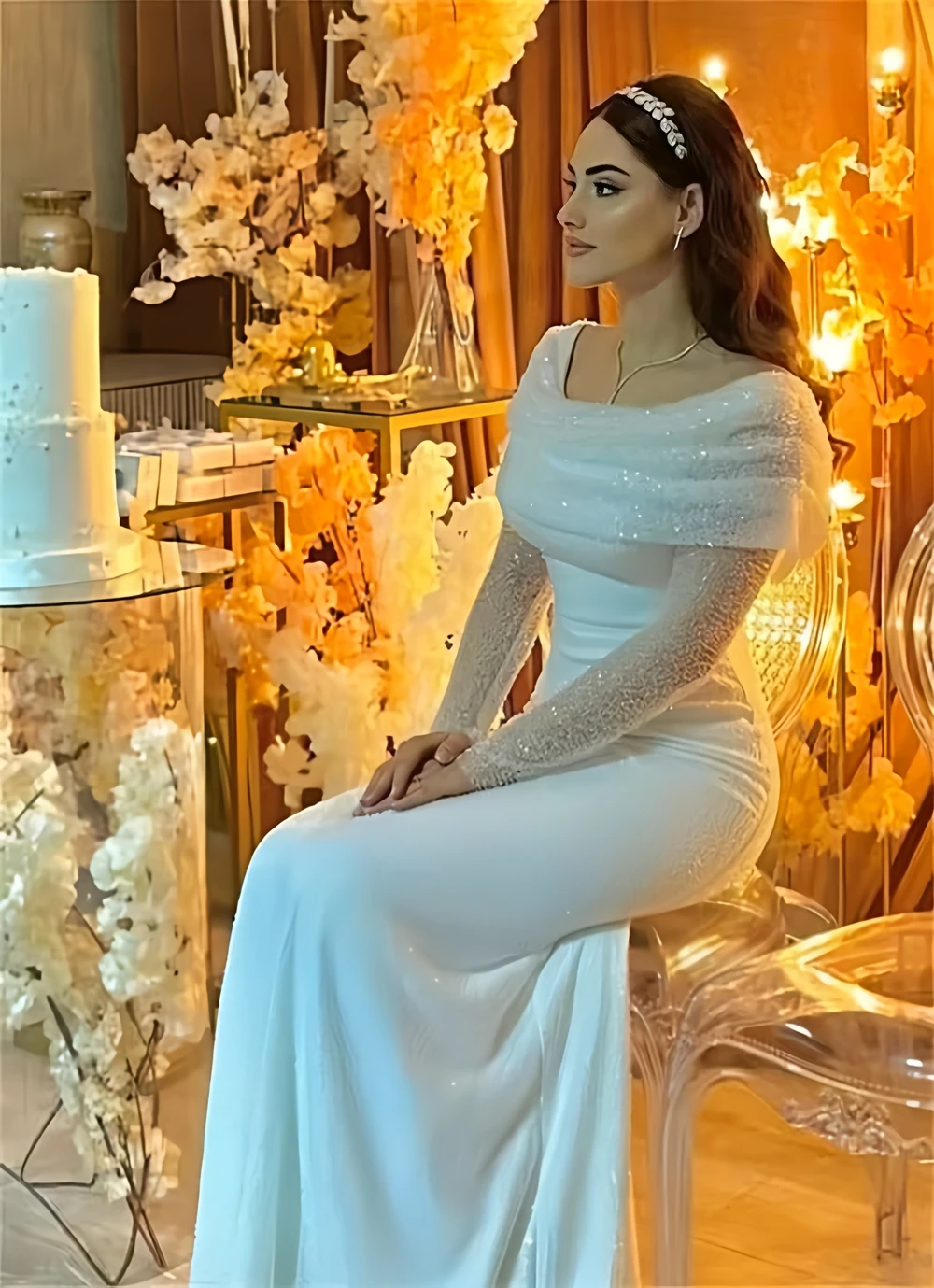 Luxo Beading Sereia Vestido de Noiva Lantejoulas Mangas Compridas فستانkuaات jazpaillettes brilhantes Robes De Soirée