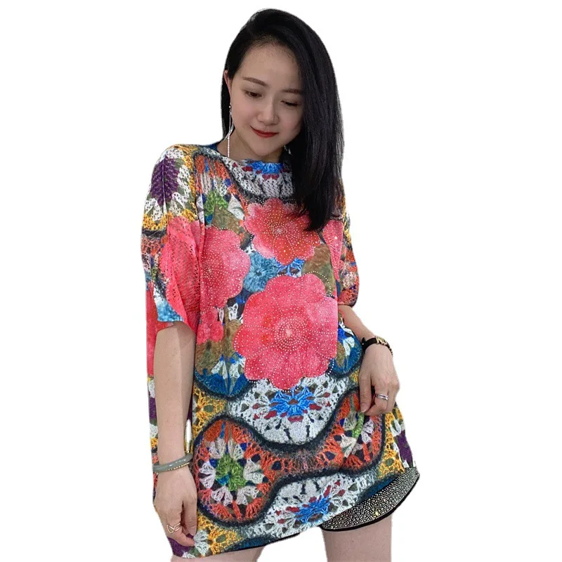 Women's Luxury Printed Diamond Knitted T-shirts, Loose Casual Floral Tops, Ladies Summer Clothes, Korean Fashion image 5