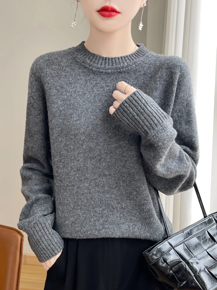 Damski sweter ze 100% wełny merino, miękki, ciepły, jesienno-zimowy, z okrągłym dekoltem, dzianina, casualowy, prosty, wygodny, pełen gracji.