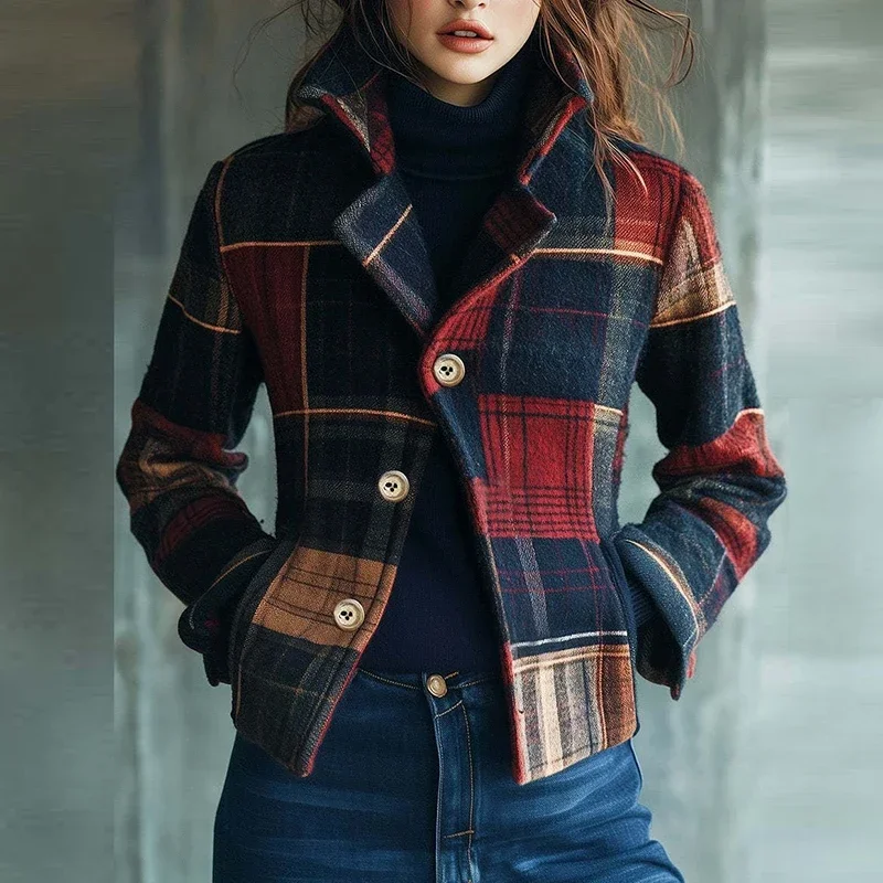 

Red Plaid Printed Jackets For Women Fashion Long Sleeve Button Blazers Women Autumn Winter Turn Down Collar Outercoat