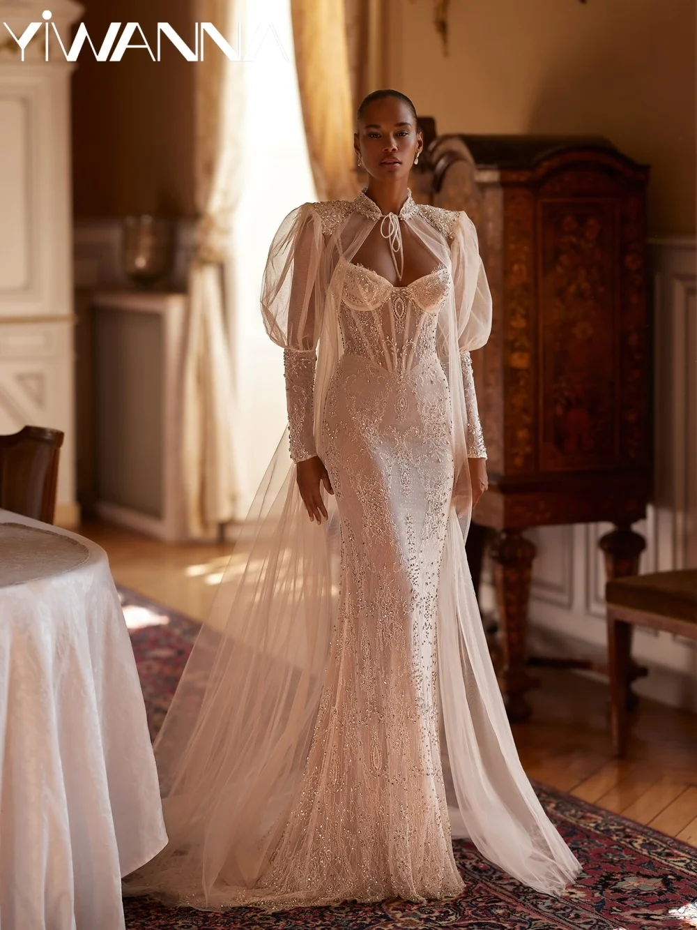 

Luxury Silver Crystal Wedding Dress With Cape Thin Straps Lace Mermaid Long Bridal Gown Customized Dreamy Dresses For Bride