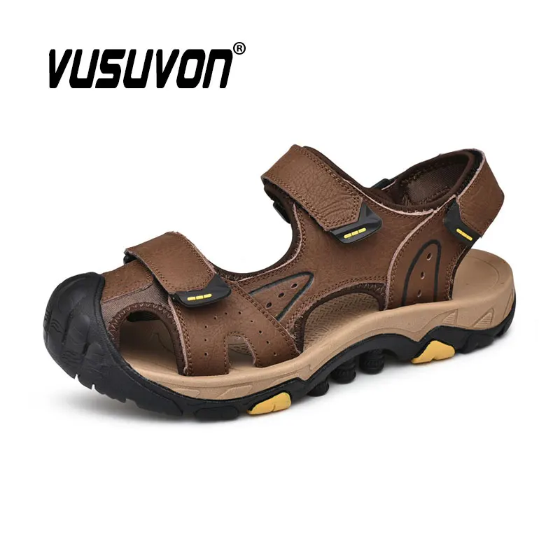 Big Size 38~46 Genuine Leather Sandals Men Summer Shoes Rubber Sole Keep Toe Outdoor Water Aqua Casual Clogs Flats Loafers