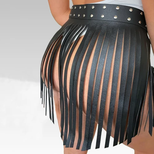 Imagen 2 del producto Vestido Sexy con cinturón de cuero PU para mujer, vestido con borlas, remaches decorativos, ropa elástica ajustable para niñas, ropa de amor para fiesta y cita