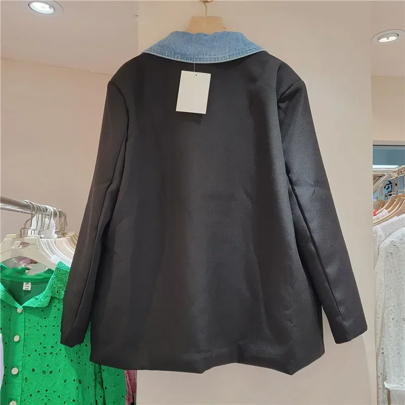 Spring Casual Frayed Burrs Cowboy Pocket Stitching Suit Jacket Women Loose Denim Notched Collar Long Sleeve Female Blazers Coat