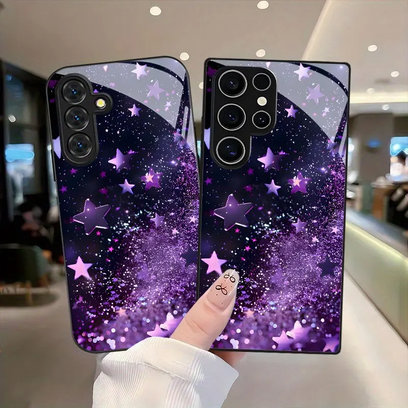 Purple starry sky pattern glass phone case suitable for Samsung Galaxy S26 S25 S24 S23 S22 S20FE/Ultra/Plus anti drop back cover