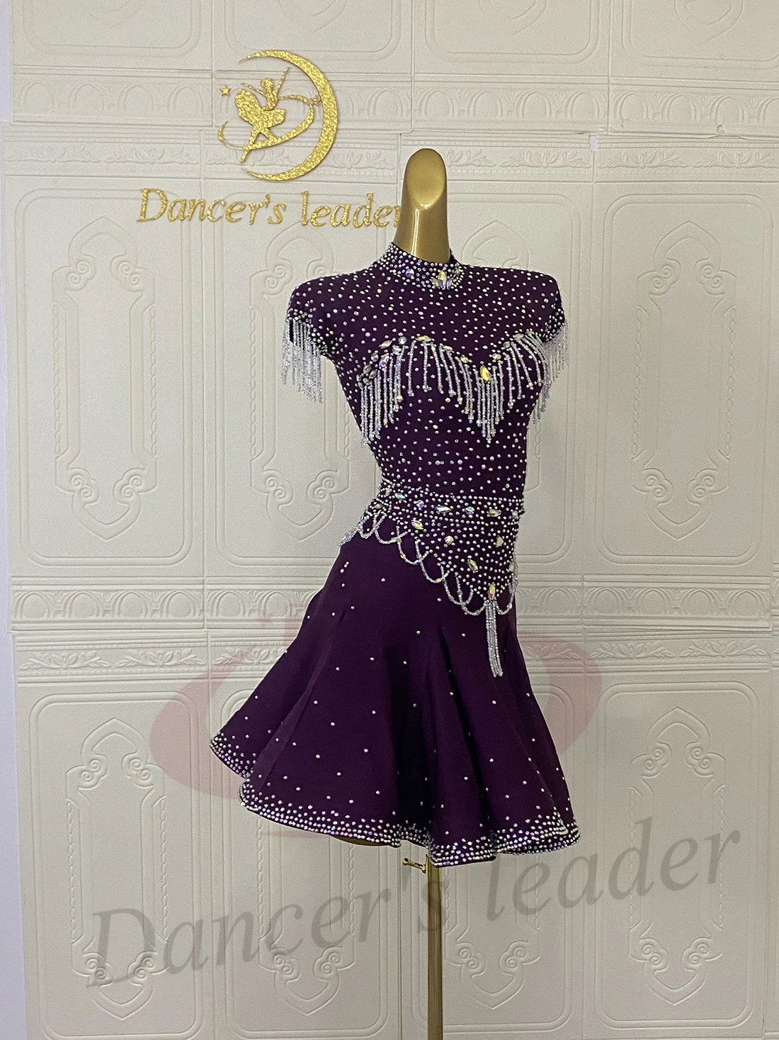 Sukienka do tańca latynoamerykańskiego AB Stone, damska, dla dorosłych i dzieci, ekskluzywna, szyta na miarę, z kryształami, frędzlami, kwiatami, czarna, na występy samba, do tańca basenowego.