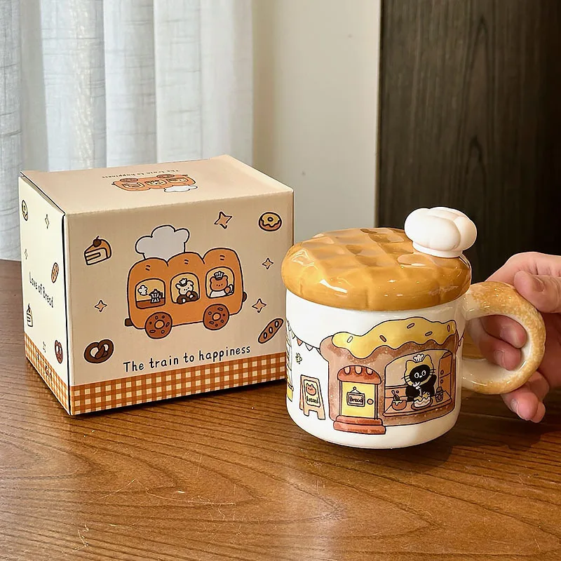 Bread Cat Creatieve Waterbeker Vrouwelijke Hoge Kwaliteit Keramische Mok met Deksel Thuis Drinkwater Verjaardagscadeau