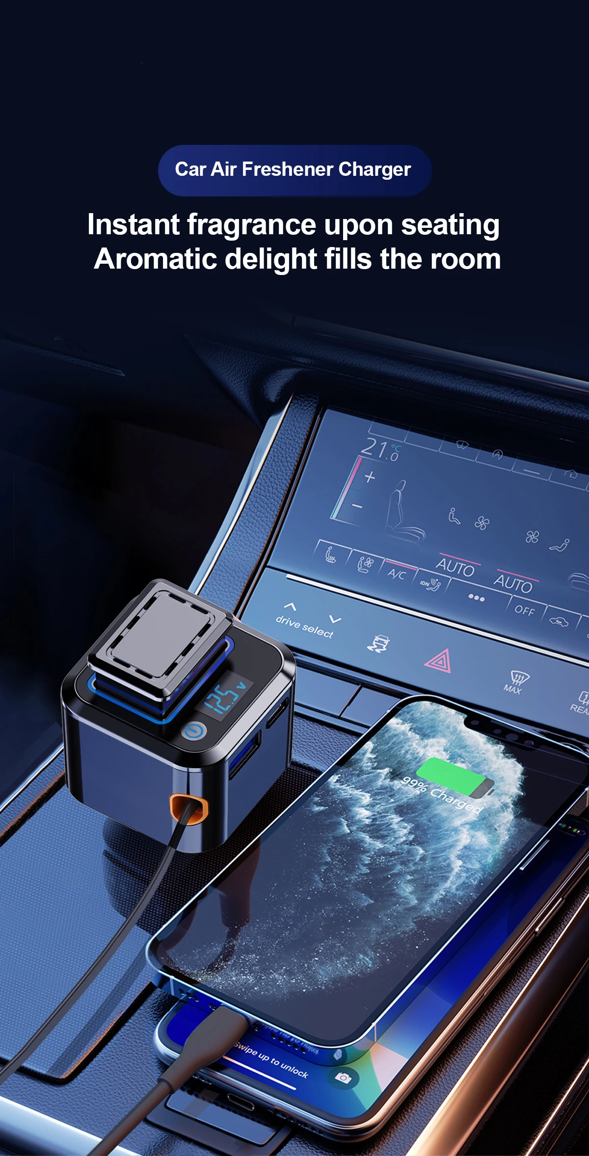 

Car Charger with Aromatherapy Function 97W Fast Charging Compatible with Most Mobile Phones Includes 3 scented pouch