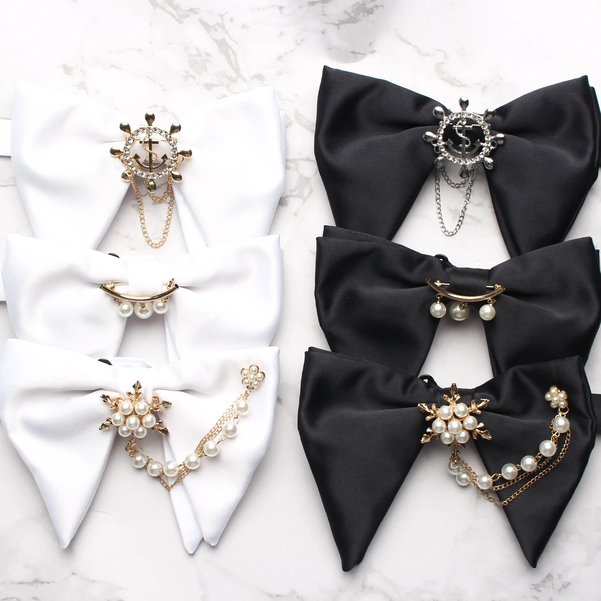 

New Mans Black Bow Luxurious Polyester Horn Bow Tie With Pearl Chain Brooch For Bussiness Wedding Party Tuxedo Accessories Ties