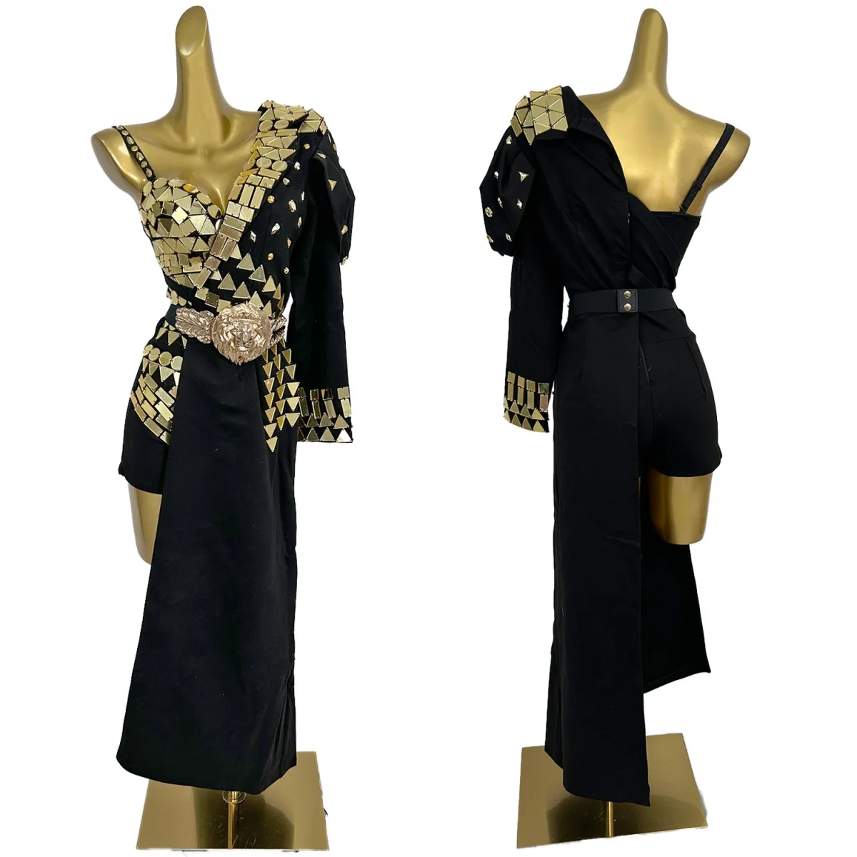 

Black Bandage Golden Sequins Bodysuit Festival Celebrate Stage Performance Wear gig DJ Dance Outfit Drag Queen Performer Suit