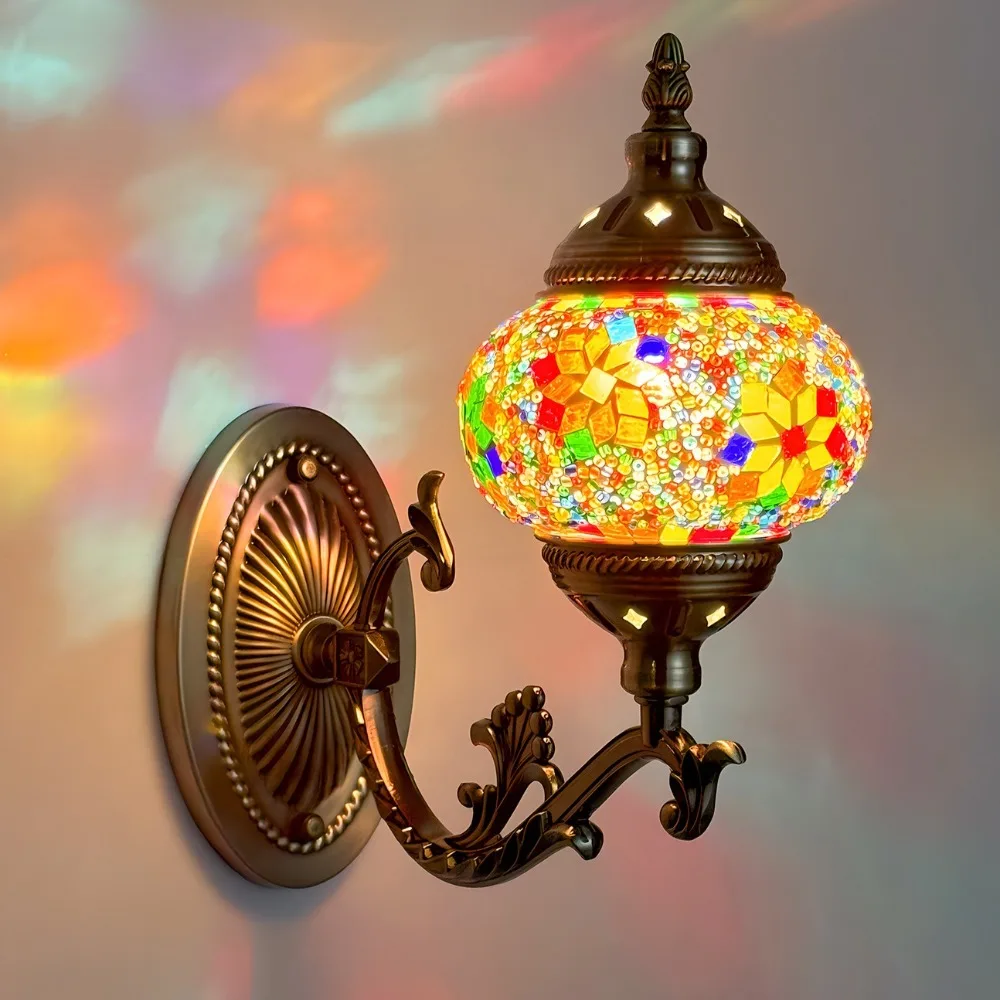 

2025 New Turkish Retro Exotic Handmade Mosaic Characteristic Restaurant Antique Aisle Corridor Glass Patch Wall Lights