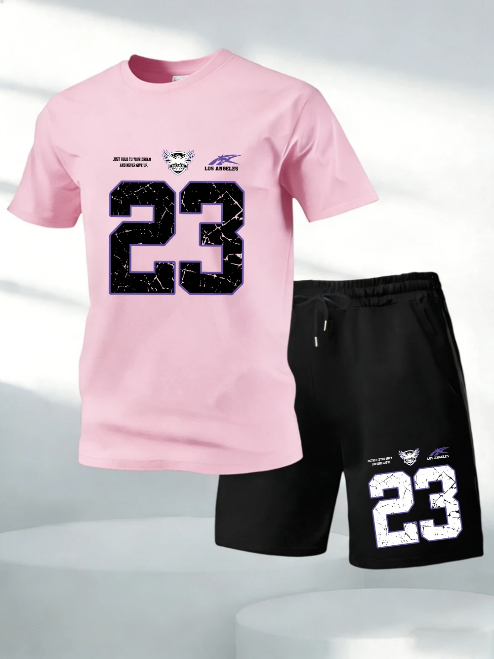 

Two Pieces Set Number 23 Los Angeles Printed Cotton Tops Shorts Mens Soft O-Neck Oversized T-Shirts Pocket High Waisted Pants