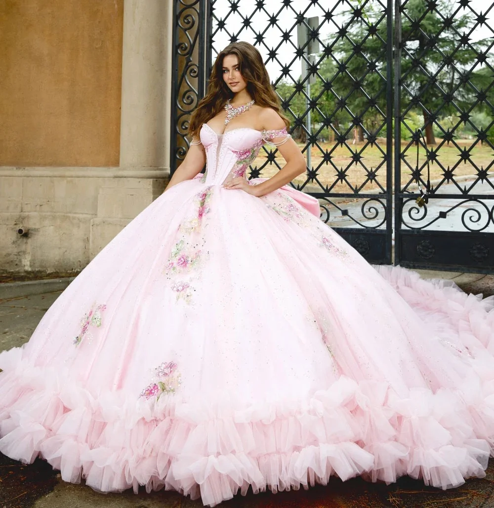 

Pink Charro Quinceanera Dresses Ball Gown Off The Shoulder Appliques Mexican Sweet 16 Dresses 15 Anos Customized