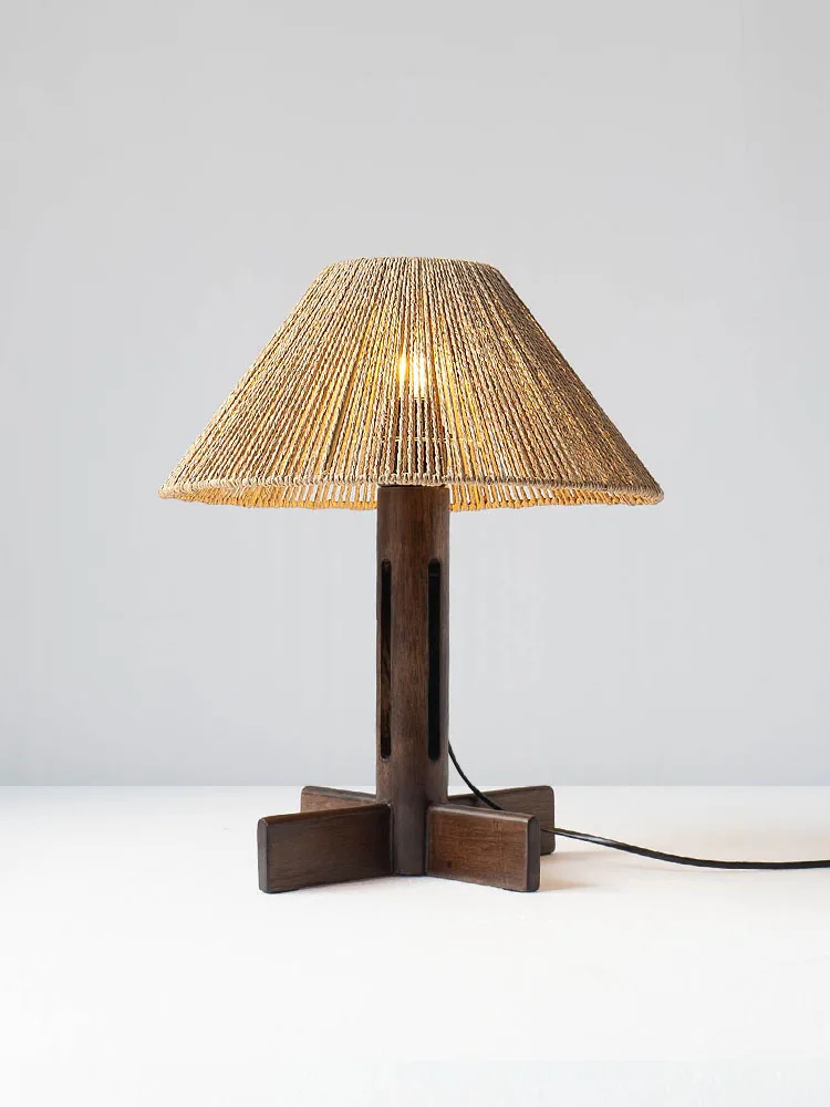 Imagem -03 - Designer Wabi-sabi Vintage Hemp Rope Table Lamp Led E27 Rattan de Madeira Sólida Tecelagem Zen Art Mesa Decorativa Luz Quarto Salon