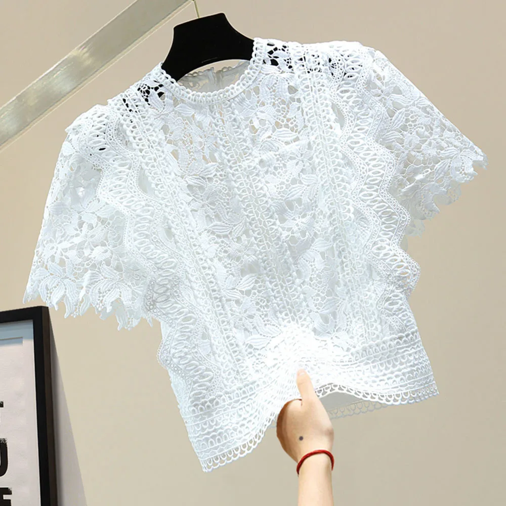 Elegant Lace Hollow Out Design Slim Blouse Women O Neck Flying Short Sleeve Solid Blusas Summer 2022 New Shirt Feminino