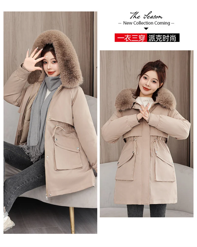 2026 New Winter Coat Down Padded Jacket Women Parkas Fur Collar Thick Hooded Cotton Coats Black Casual Outerwear Female Clothes