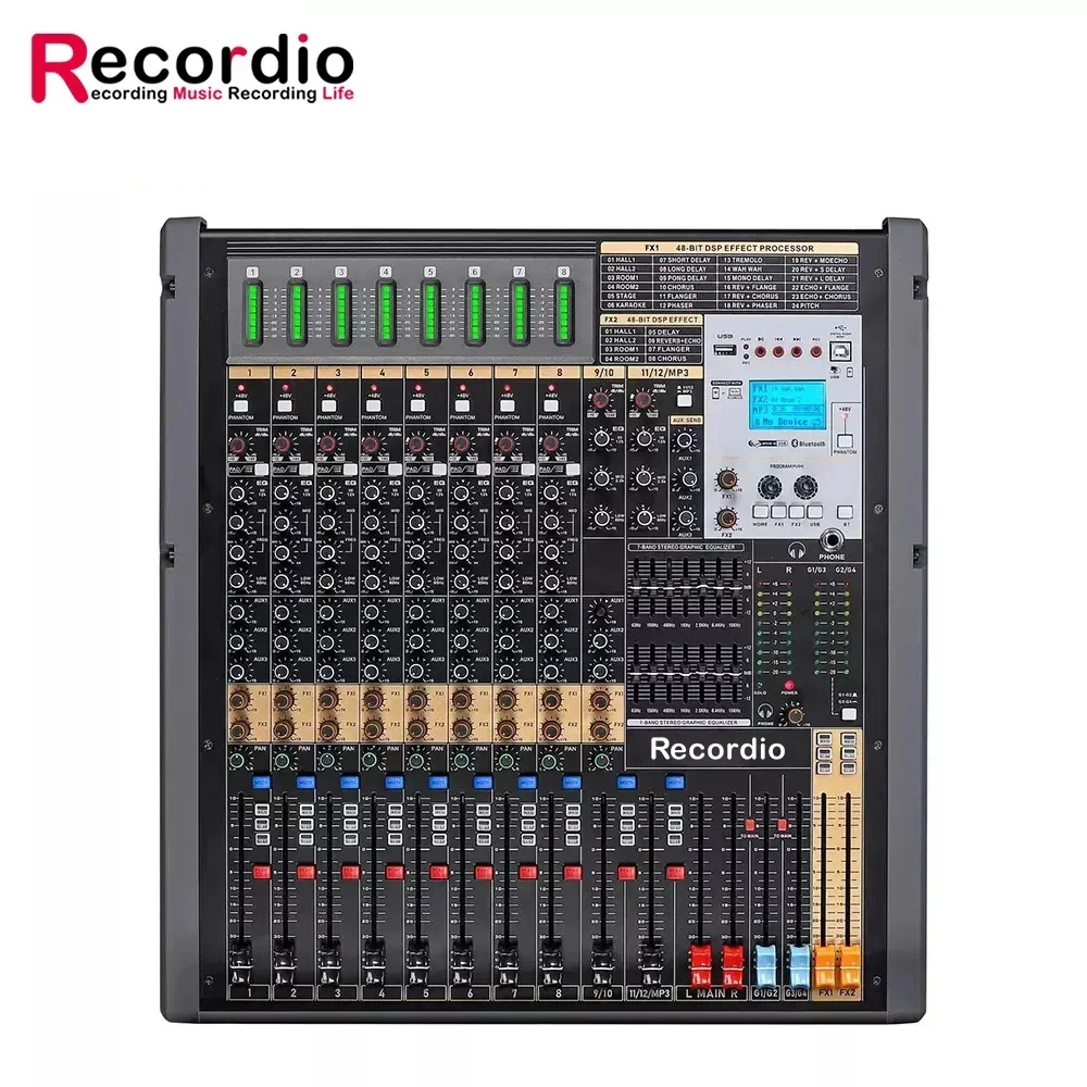 GAX-TFB12 OEM 12 Channel Audio Mixer 2 Stereo 4 Group Outputs Aux Soundcard 7 Band EQ 100mm Fader Mixing Console