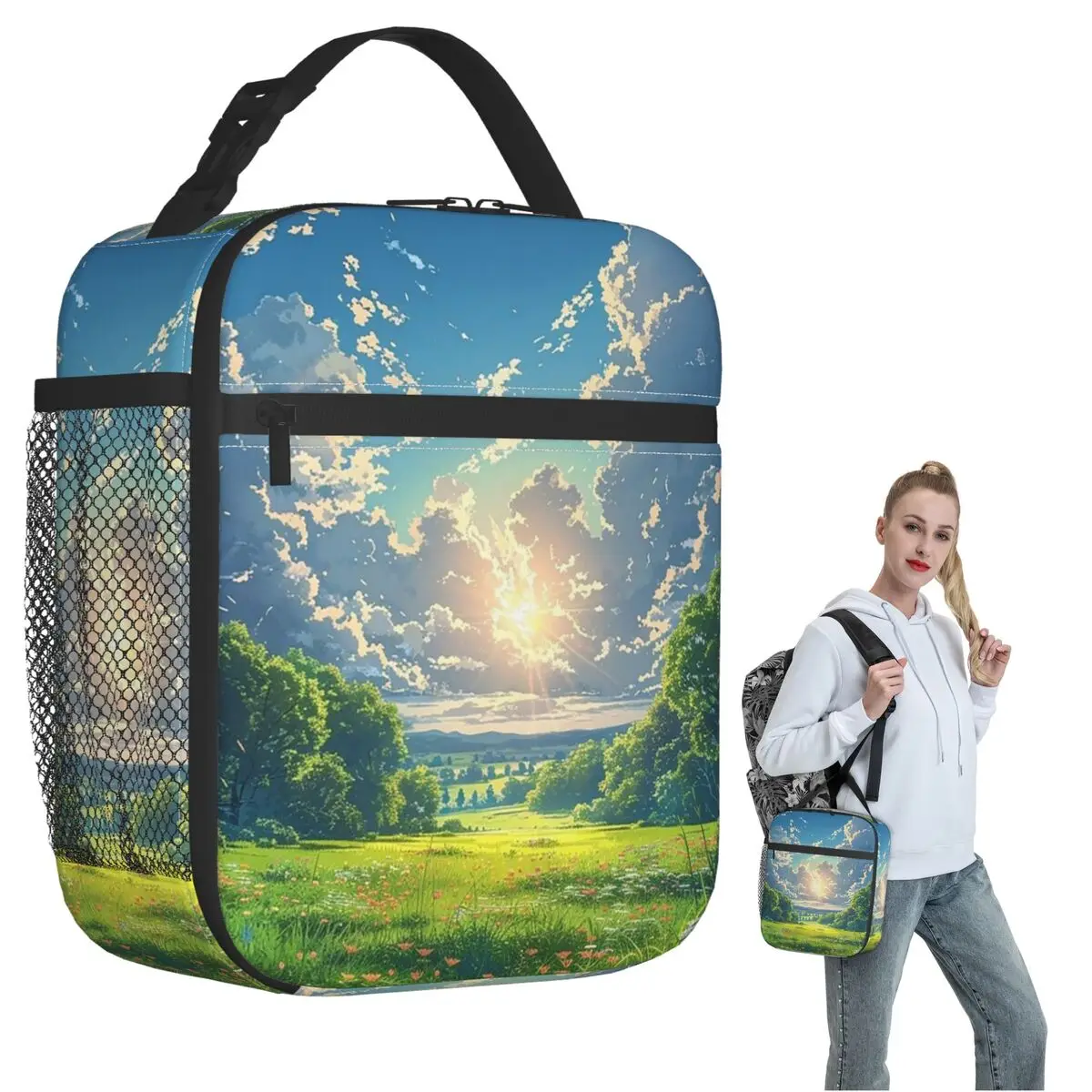Japan Anime Green Natural Scenery Insulated Lunch Bag for Women Children Portable Food Boxes Thermal Lunch Box Tote