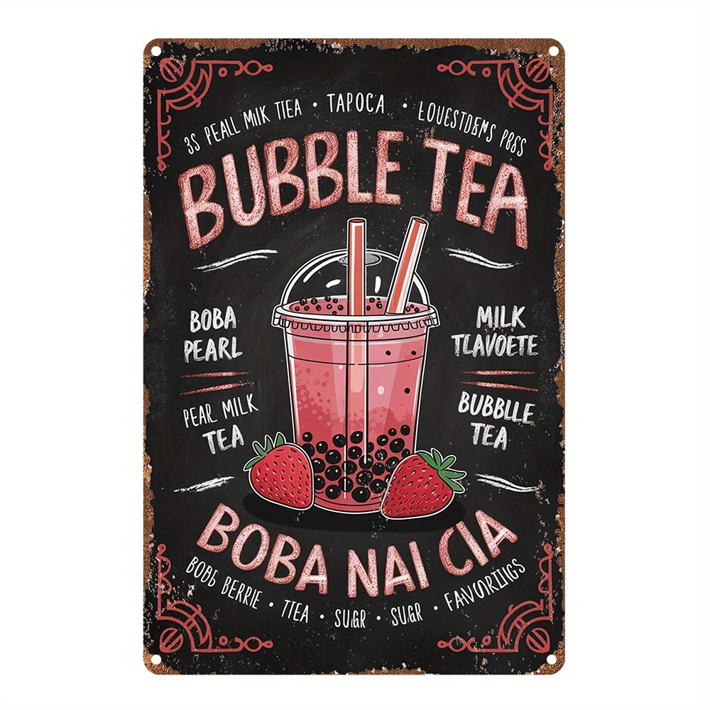 Letrero Decorativo de Pared de Aluminio con Diseño Vintage de Bubble Tea - Decoración Retro con Pizarra, Boba, Leche, Perlas de Tapioca y Sabores - Perfecto para el Hogar
