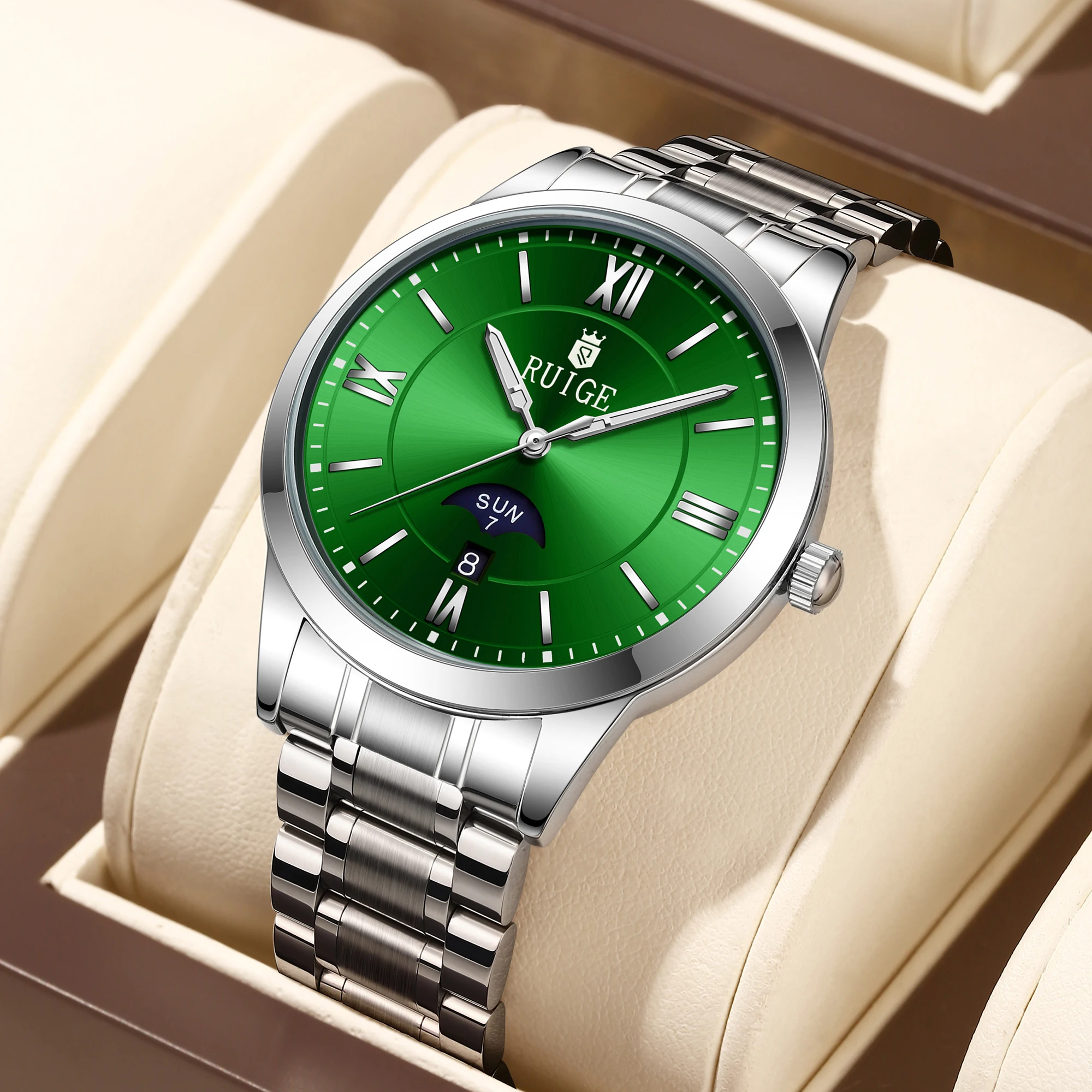 Reloj mecánico completamente automático RUIGE con calendario semanal para hombre, reloj versátil resistente al agua a la moda de acero inoxidable para hombre