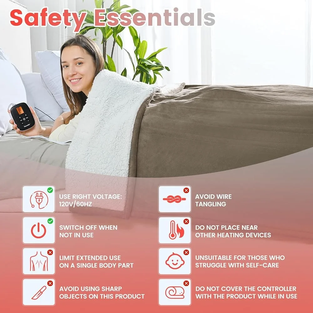 

Heated Electric Blanket Machine Washable Dual Controllers 10 Heat Settings Auto-Off Timer Safe Soft Velvet Sherpa Cozy Warmth