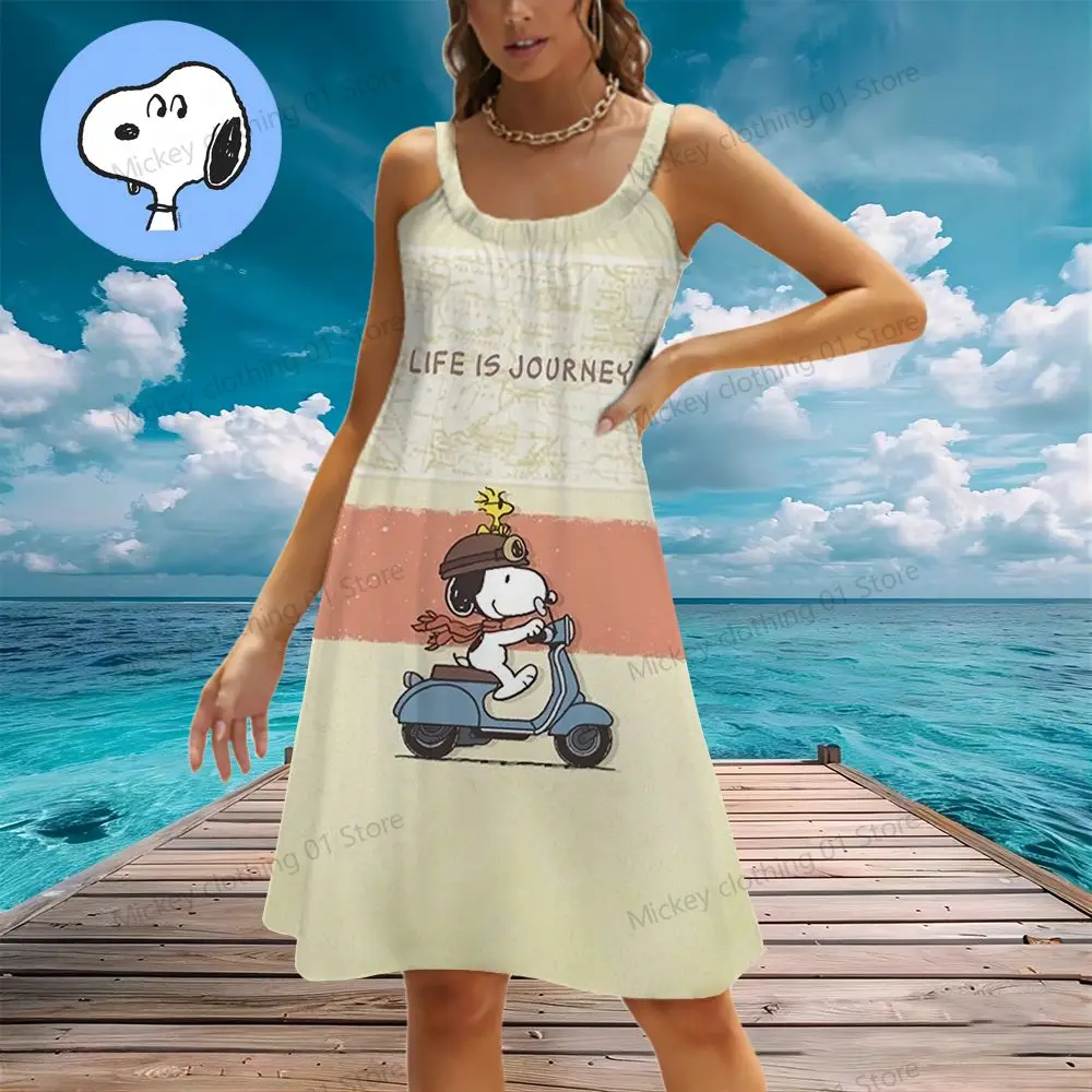 

Women's Beach Dresses Snoopy Kawaii Elegant Chic Dress Youthful Woman Clothes 2024 Y2k Summer Leisure S-3XL Anime Boho Sanrio