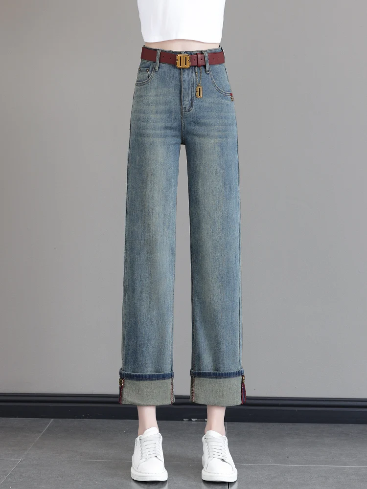 High Waist Wide Leg Jeans Women's Spring Autumn Slim Fit Straight Cut Cuffed Denim Pants Casual Cotton Stretch Blue Jeans