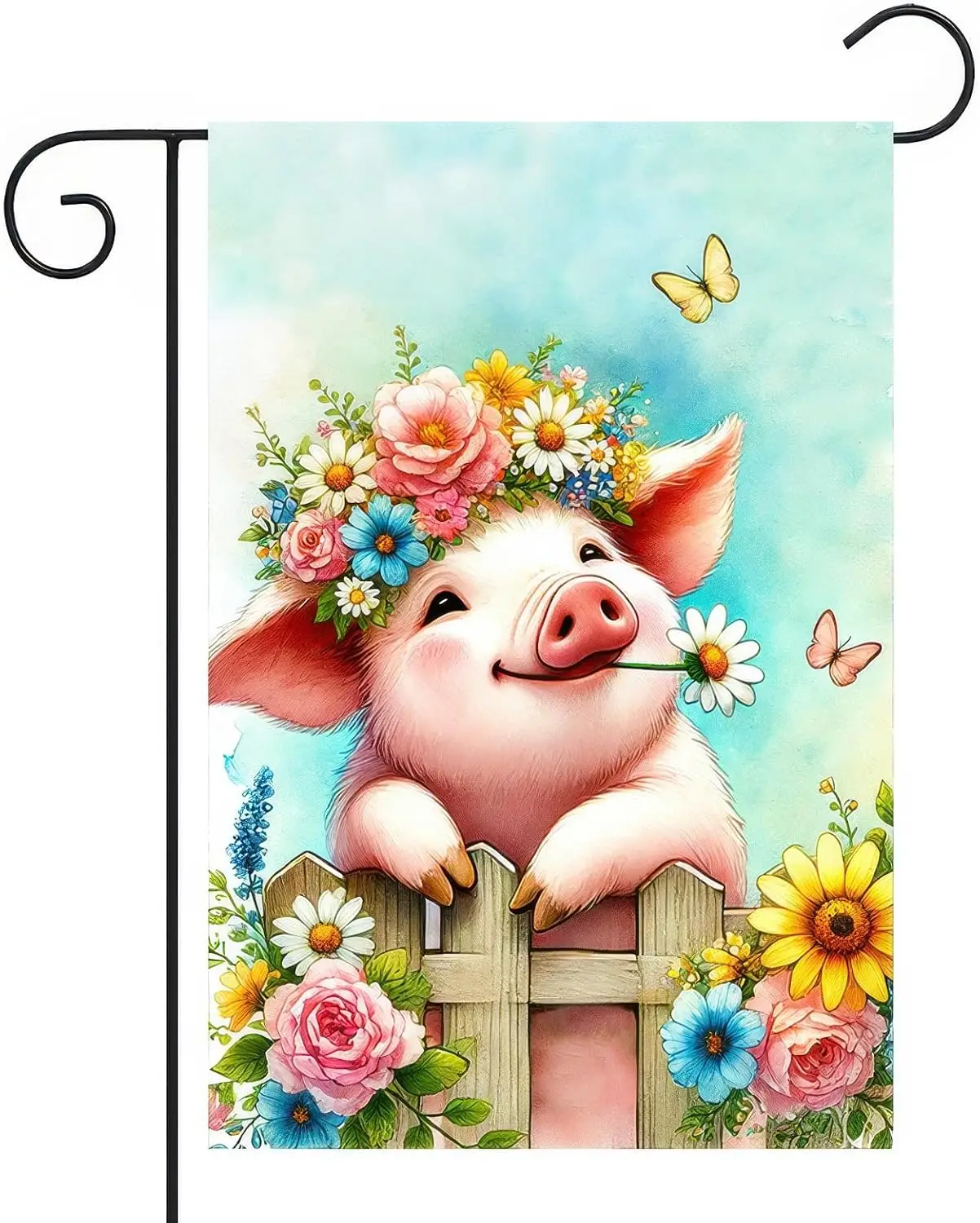 Spring Garden Flag 12x18 Inches Double Sided Cute Pig Welcome Yard Flags Floral Crown Fence for Outside Decor Home Farmhouse SSL