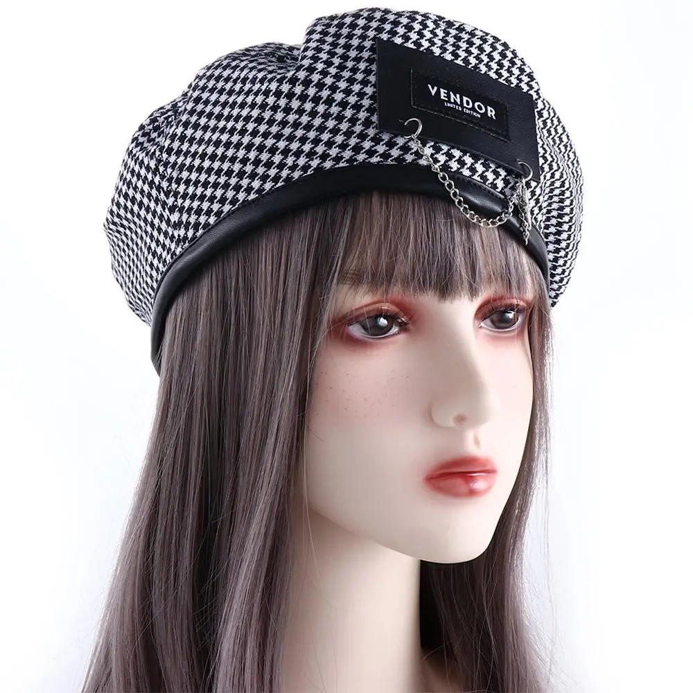 Fragrant Style Winter Leather Label Chain Plaid British Style Autumn Women Berets Korean Style Hat Houndstooth Painter Hat
