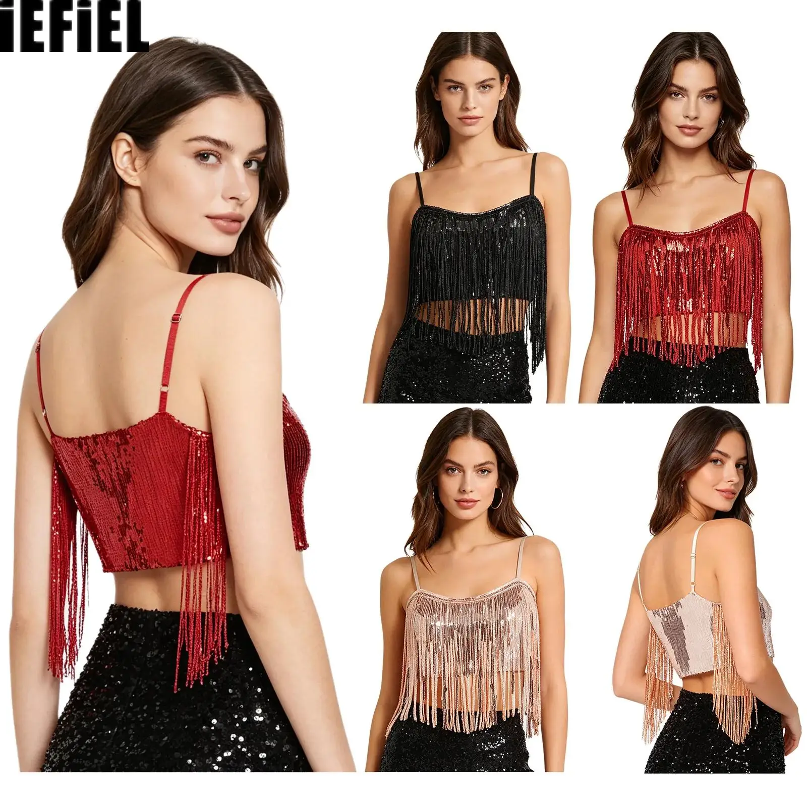 

Womens Glittery Sequins Fringed Crop Camisole Allover with Tassel Adjustable Spaghetti Straps Sling Vest Tank for Dancing Party