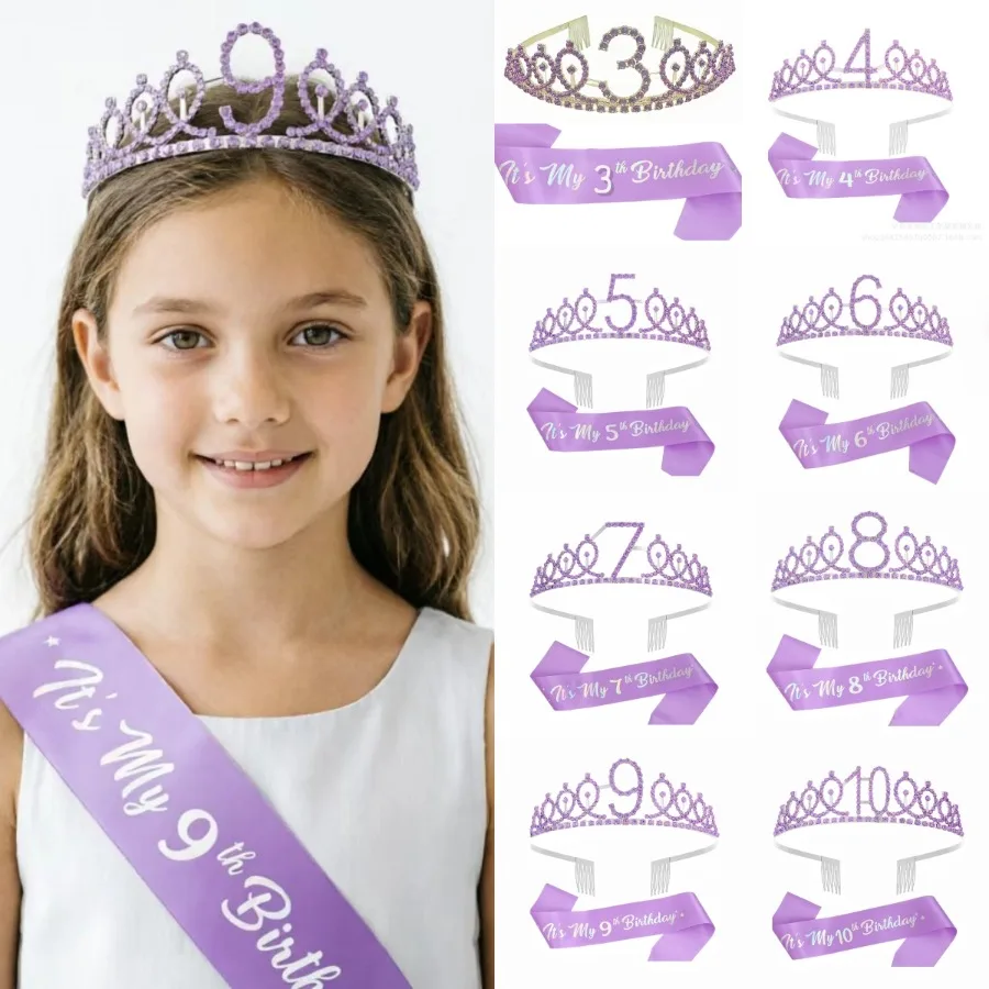 Kids Birthday Tiara Sash Combo - Sparkly Rhinestone Crown “It’s My Xth Birthday" Satin Sash -Gift for 3-10 Year Old Girls