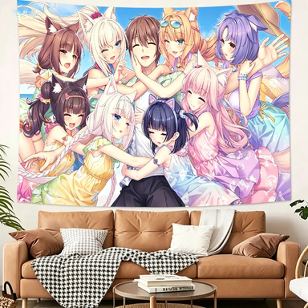 Kawaii Nekopara Hot Girl Bedroom Dormitory Tapestry Wall Hanging Decor Living Room Club Background Cloth for Home Party Holiday