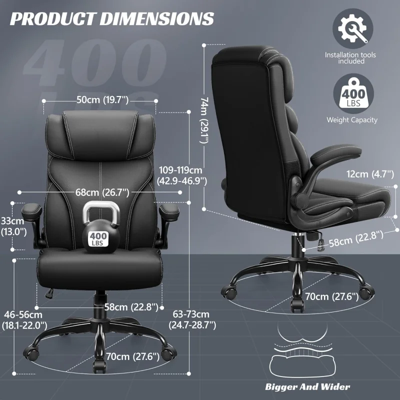 Office Chair,Ergonomic Big and Tall Computer Desk Chairs,Executive Breathable Leather Chair with Adjustable High Back Flip-up